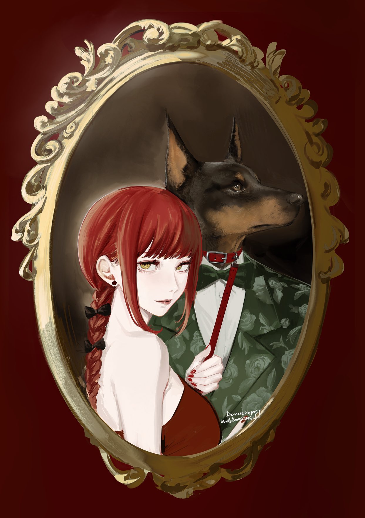 1girl black_bow bow braid brown_eyes chainsaw_man collar dog dress earrings eyebrows_visible_through_hair hair_bow highres holding holding_leash jewelry leash lips long_hair looking_at_viewer makima_(chainsaw_man) makimasansuki red_dress red_nails redhead ringed_eyes sidelocks single_braid solo twitter_username upper_body
