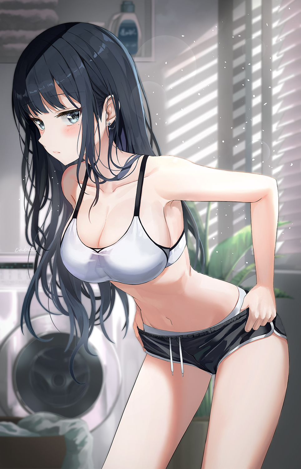 1girl black_hair blue_eyes blush bra curtains indoors laundry looking_at_viewer messy_hair navel plant pot potted_plant short_shorts solo stomach underwear washing_machine wet_hair window