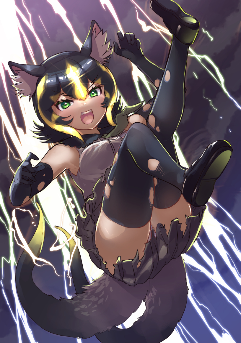 1girl animal_ear_fluff animal_ears black_footwear black_gloves black_hair black_legwear black_skirt blonde_hair commentary_request elbow_gloves electricity eyebrows_visible_through_hair full_body gloves green_eyes kemono_friends leg_up looking_at_viewer multicolored_hair multiple_tails necktie open_mouth pleated_skirt raijuu_(kemono_friends) shirt shoes short_hair skirt sleeveless sleeveless_shirt solo tadano_magu tail thigh-highs torn_clothes torn_gloves torn_legwear torn_skirt two-tone_hair two_tails v-shaped_eyebrows