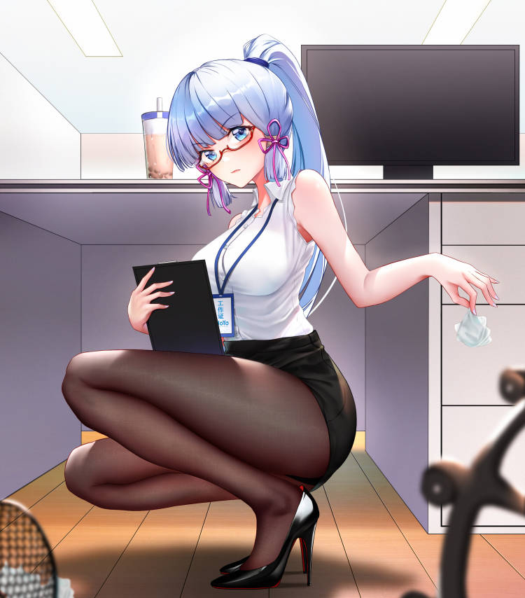 1girl alternate_costume bangs bare_arms bare_shoulders bespectacled black_footwear black_legwear black_power-98-1-15 black_skirt blue_eyes blue_hair blunt_bangs blurry blush breasts bubble_tea censored collared_shirt contemporary crumpled_paper cup depth_of_field desk disposable_cup drink drinking_straw duplicate folder from_side full_body genshin_impact glasses hair_ribbon high_heels high_ponytail holding holding_folder holding_paper id_card indoors kamisato_ayaka lanyard legs long_hair looking_at_viewer looking_to_the_side miniskirt mole mole_under_eye monitor office office_lady outstretched_arm pantyhose paper pencil_skirt pink_ribbon ponytail racket red-framed_eyewear ribbon semi-rimless_eyewear shadow shirt sidelocks skirt sleeveless sleeveless_shirt solo squatting stiletto_heels tennis_racket trash tress_ribbon under-rim_eyewear white_nails wooden_floor
