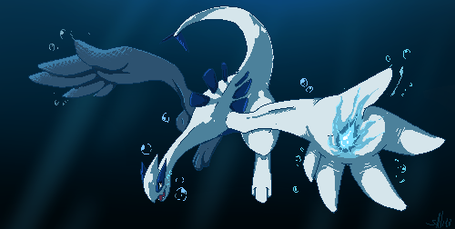 air_bubble bubble commentary_request fangs full_body looking_down lowres lugia no_humans open_mouth pixel_art pokemon pokemon_(creature) salanchu solo toes underwater