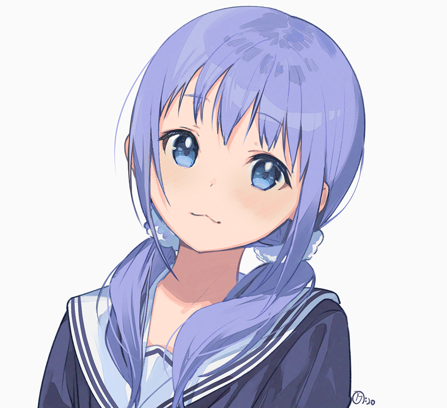 1girl :&lt; :3 bangs blue_eyes blue_serafuku character_request copyright_request eyebrows_visible_through_hair hair_over_shoulder light_blush long_hair looking_at_viewer low_twintails nagu original purple_hair school_uniform scrunchie shiny shiny_hair signature simple_background solo tareme twintails upper_body white_background
