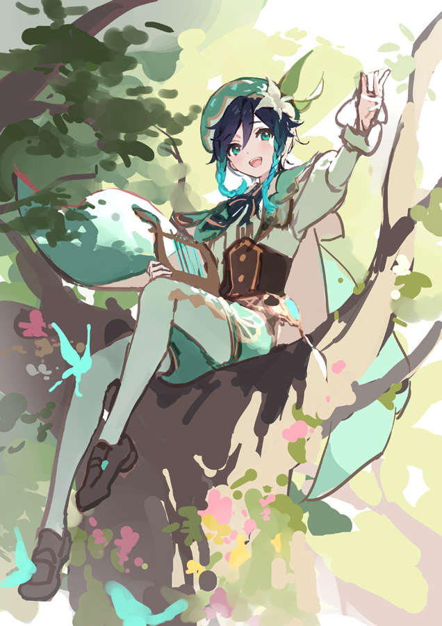 1boy aqua_eyes aqua_hair arm_up bangs beret black_hair braid brown_footwear cape collared_cape commentary_request dsmile flower frilled_sleeves frills genshin_impact gold_trim gradient_hair green_cape green_headwear green_shorts hand_up hat hat_flower holding holding_instrument in_tree instrument juliet_sleeves loafers long_sleeves looking_at_viewer lyre multicolored_hair pantyhose puffy_sleeves shirt shoes short_hair_with_long_locks shorts sitting sitting_in_tree solo tree twin_braids two-tone_hair venti_(genshin_impact) white_flower white_legwear white_shirt