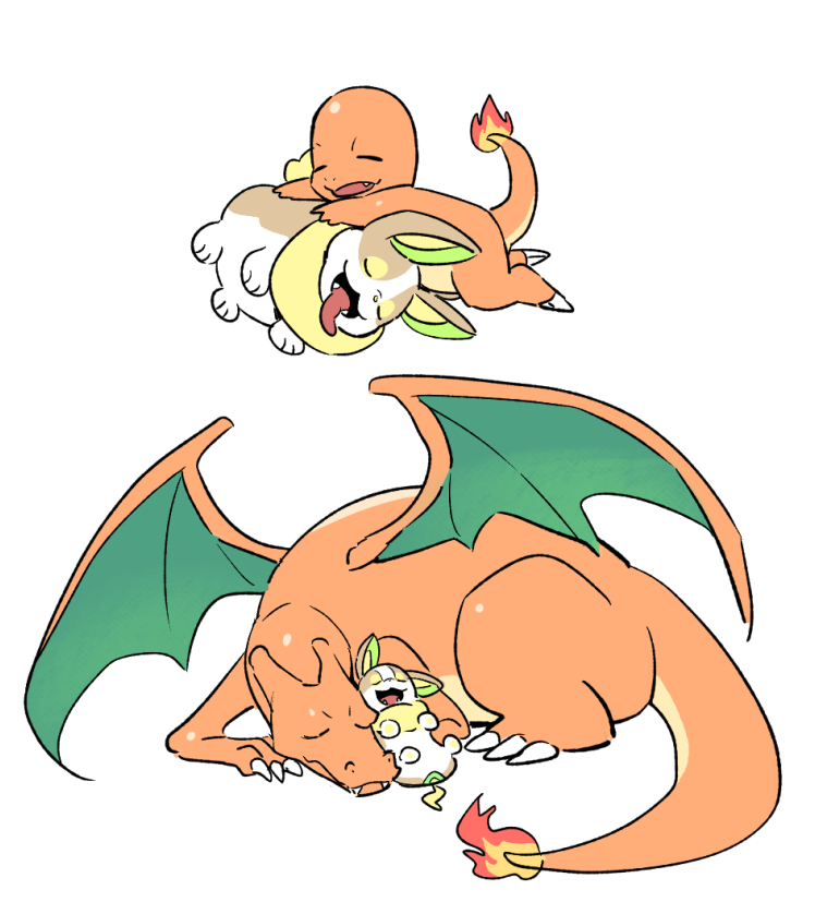 charizard charmander closed_eyes commentary_request fang fangs fire flame flame-tipped_tail korean_commentary lying no_humans open_mouth pokemon pokemon_(creature) rnehrdyd1212 simple_background sleeping tongue tongue_out white_background yamper