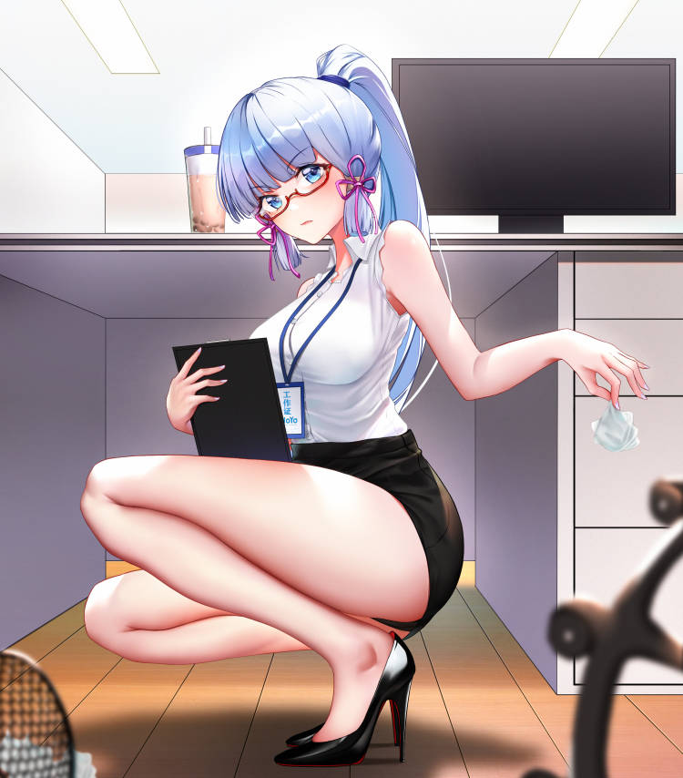 1girl alternate_costume bangs bare_arms bare_legs bare_shoulders bespectacled black_footwear black_power-98-1-15 black_skirt blue_eyes blue_hair blunt_bangs blurry blush breasts bubble_tea censored collared_shirt contemporary crumpled_paper cup depth_of_field desk disposable_cup drink drinking_straw folder from_side full_body genshin_impact glasses hair_ribbon high_heels high_ponytail holding holding_folder holding_paper id_card indoors kamisato_ayaka lanyard legs long_hair looking_at_viewer looking_to_the_side miniskirt mole mole_under_eye monitor office office_lady outstretched_arm paper pencil_skirt pink_ribbon ponytail racket red-framed_eyewear ribbon semi-rimless_eyewear shadow shirt sidelocks skirt sleeveless sleeveless_shirt solo squatting stiletto_heels tennis_racket trash tress_ribbon under-rim_eyewear white_nails wooden_floor