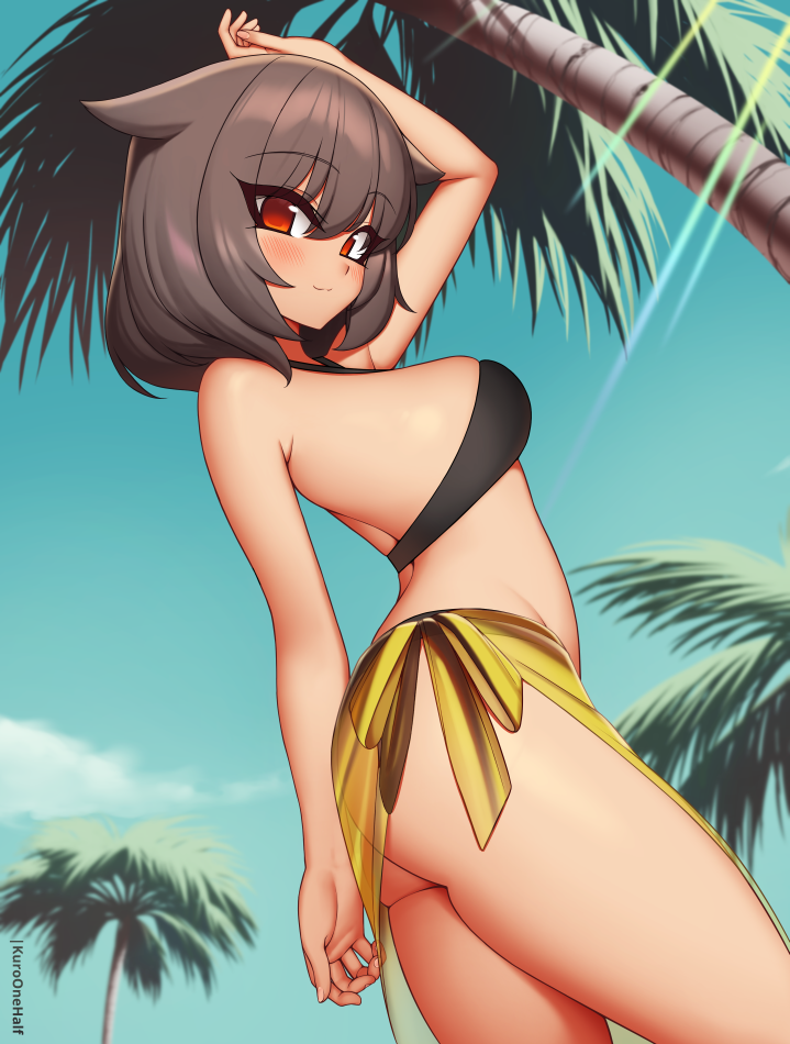 1girl arm_up artist_name ass bangs bare_arms bare_shoulders bikini black_bikini blue_sky blush borrowed_character breasts brown_eyes brown_hair commentary commission day english_commentary eyebrows_visible_through_hair eyes_visible_through_hair hair_between_eyes kuroonehalf light_rays looking_at_viewer medium_breasts original outdoors palm_tree sarong sky smile solo swimsuit thighs tree