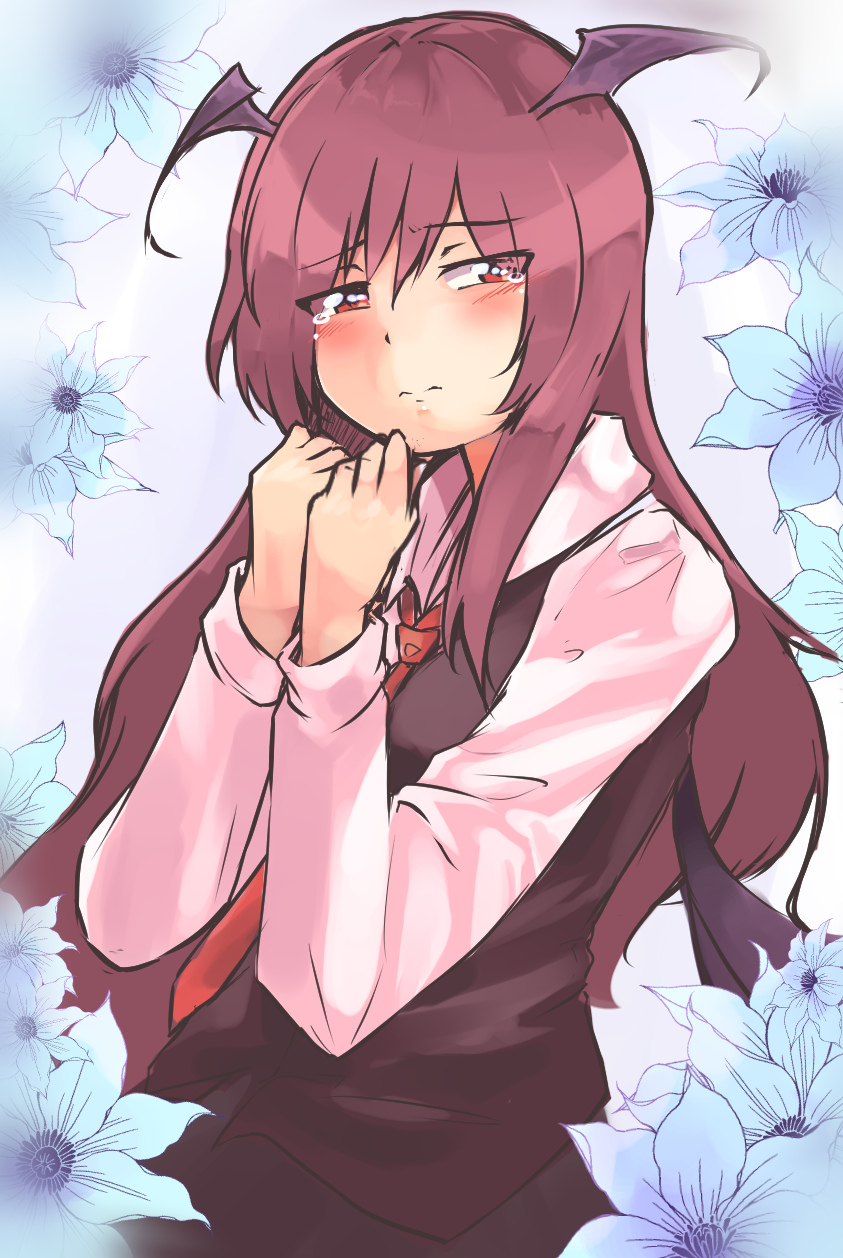 1girl blush closed_mouth eyebrows_visible_through_hair floral_background flower ginnkei grey_background hair_between_eyes half-closed_eyes hands_up head_wings highres hydrangea koakuma long_hair long_sleeves looking_to_the_side red_eyes redhead sad simple_background solo tearing_up tears touhou very_long_hair vest