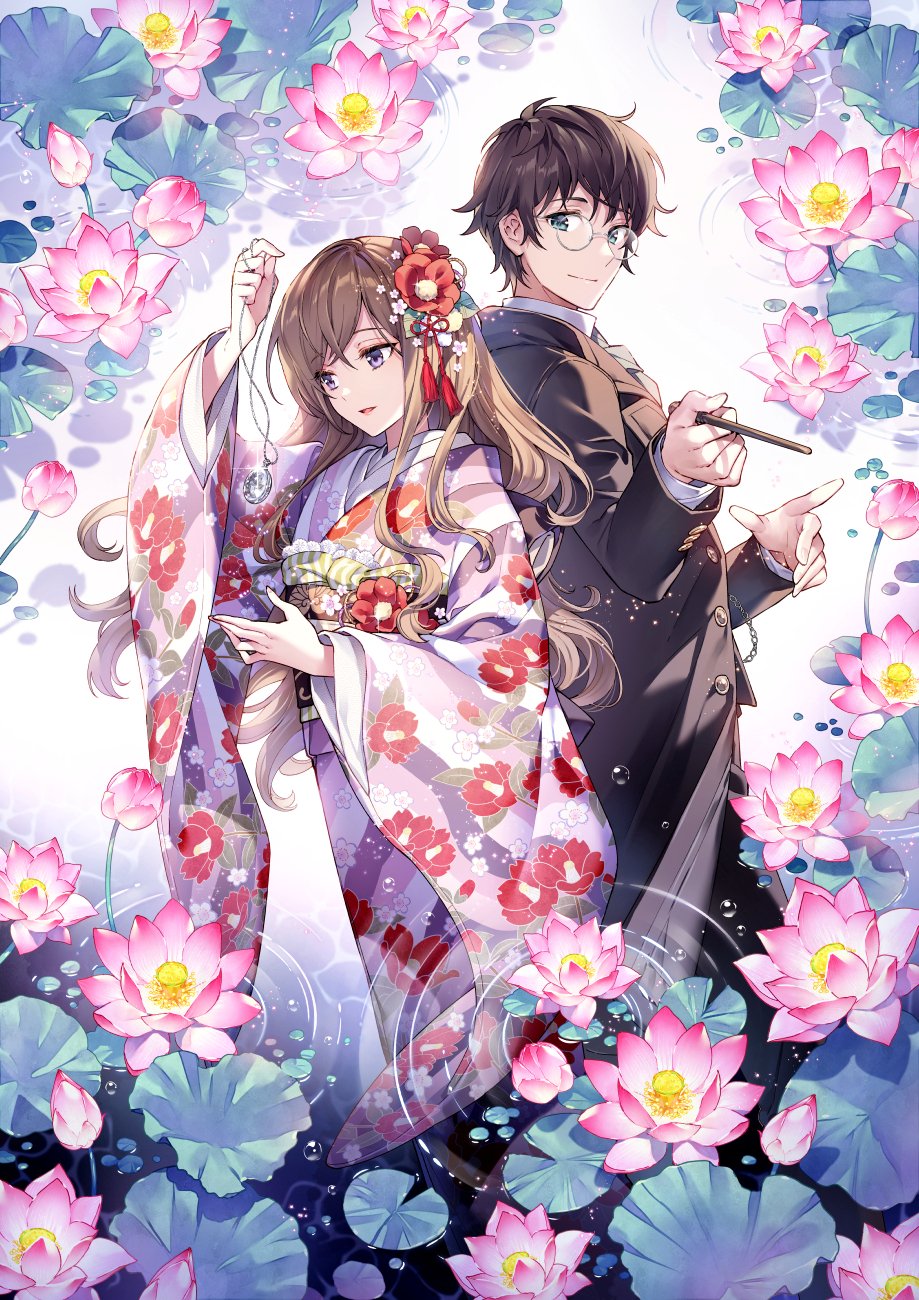 1boy 1girl black_hair brown_hair cover_image floral_print flower glasses hair_flower hair_ornament highres holding holding_jewelry holding_necklace japanese_clothes jewelry jpeg_artifacts kimono long_hair nardack necklace obi ripples sash tassel tassel_hair_ornament ten'ei_katan very_long_hair violet_eyes water
