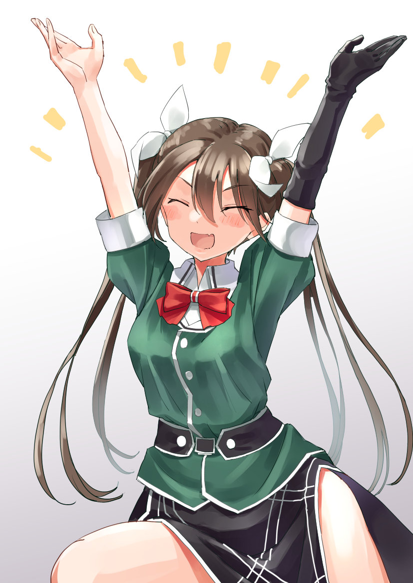 1girl arms_up brown_hair closed_eyes cowboy_shot elbow_gloves fang gloves gradient gradient_background hair_between_eyes hair_ribbon kantai_collection long_hair mayura2002 military military_uniform open_mouth pelvic_curtain ribbon side_slit single_elbow_glove skin_fang smile solo tone_(kancolle) tone_kai_ni_(kancolle) twintails uniform white_background