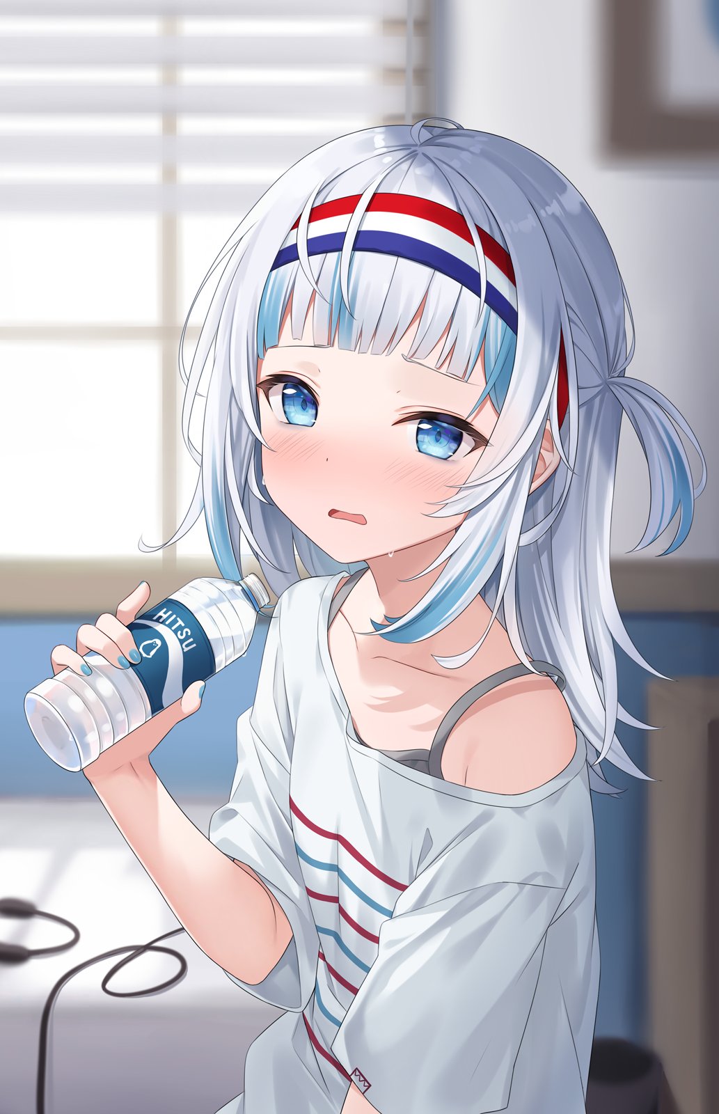 1girl bangs blue_eyes blue_hair blush bottle breasts gawr_gura headband highres hitsukuya hololive hololive_english looking_at_viewer medium_hair multicolored_hair open_mouth silver_hair small_breasts solo streaked_hair water_bottle