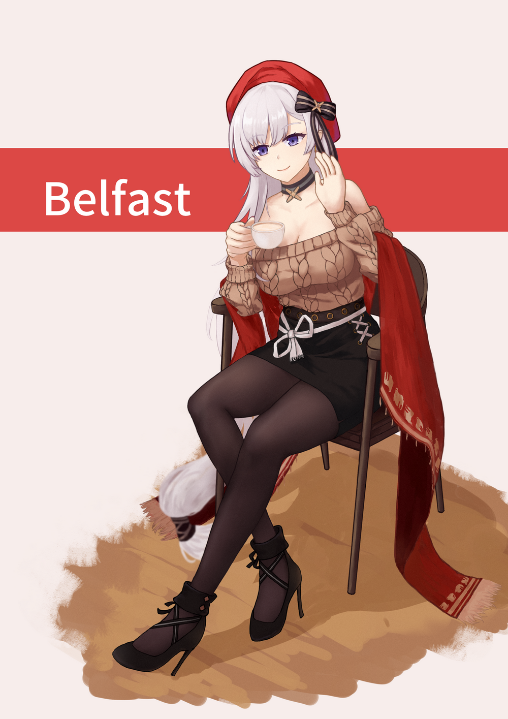 1girl aran_sweater azur_lane bangs bare_shoulders belfast_(azur_lane) belfast_(shopping_with_the_head_maid)_(azur_lane) beret black_bow black_choker black_footwear black_legwear black_skirt bow brown_sweater chair character_name choker commentary_request cup full_body grey_background hands_up hat hat_bow herfstijl high_heels highres holding holding_cup long_hair long_sleeves looking_at_viewer low-tied_long_hair miniskirt off-shoulder_sweater off_shoulder official_alternate_costume pantyhose pencil_skirt red_headwear shawl silver_hair sitting skirt smile solo sweater teacup thighs very_long_hair violet_eyes