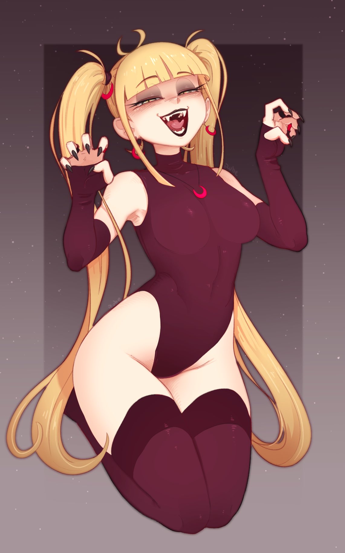 1girl black_legwear black_leotard black_lips black_nails blonde_hair blush breasts claw_pose commentary crescent crescent_earrings crescent_necklace earrings elbow_gloves english_commentary eyebrows_visible_through_hair face fangs fingerless_gloves fingernails gloves hands highres jewelry justrube kneeling leotard lips long_hair looking_at_viewer multiple_rings open_mouth original ring seiza sharp_fingernails signature sitting smile solo starry_background thigh-highs tongue twintails vampire