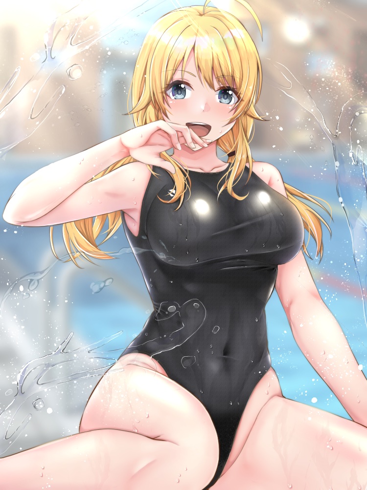 1girl ahoge black_swimsuit blonde_hair blue_eyes breasts competition_swimsuit covered_navel hachimiya_meguru idolmaster idolmaster_shiny_colors large_breasts low_twintails one-piece_swimsuit open_mouth shohei_(piranha5hk) sitting smile solo splashing swimsuit teeth twintails upper_teeth wariza water