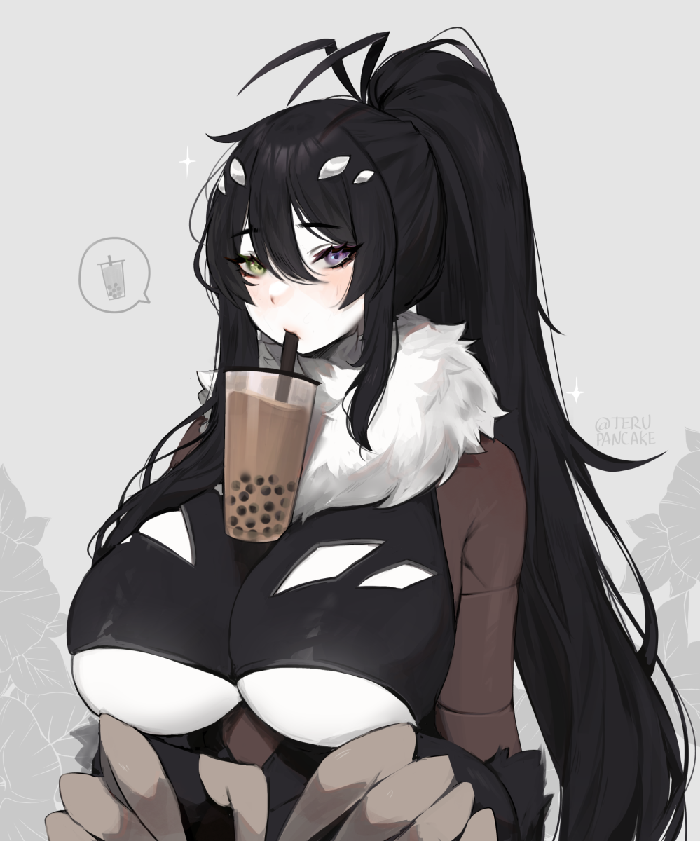 1girl antenna_hair bangs black_hair breasts bubble_tea bubble_tea_challenge commentary cup disposable_cup drinking drinking_straw drinking_straw_in_mouth english_commentary eyebrows_visible_through_hair eyes_visible_through_hair fur_collar green_eyes hair_between_eyes heterochromia highres huge_breasts long_hair looking_at_viewer monster_girl object_on_breast original pale_skin ponytail solo spoken_object terupancake under_boob upper_body violet_eyes