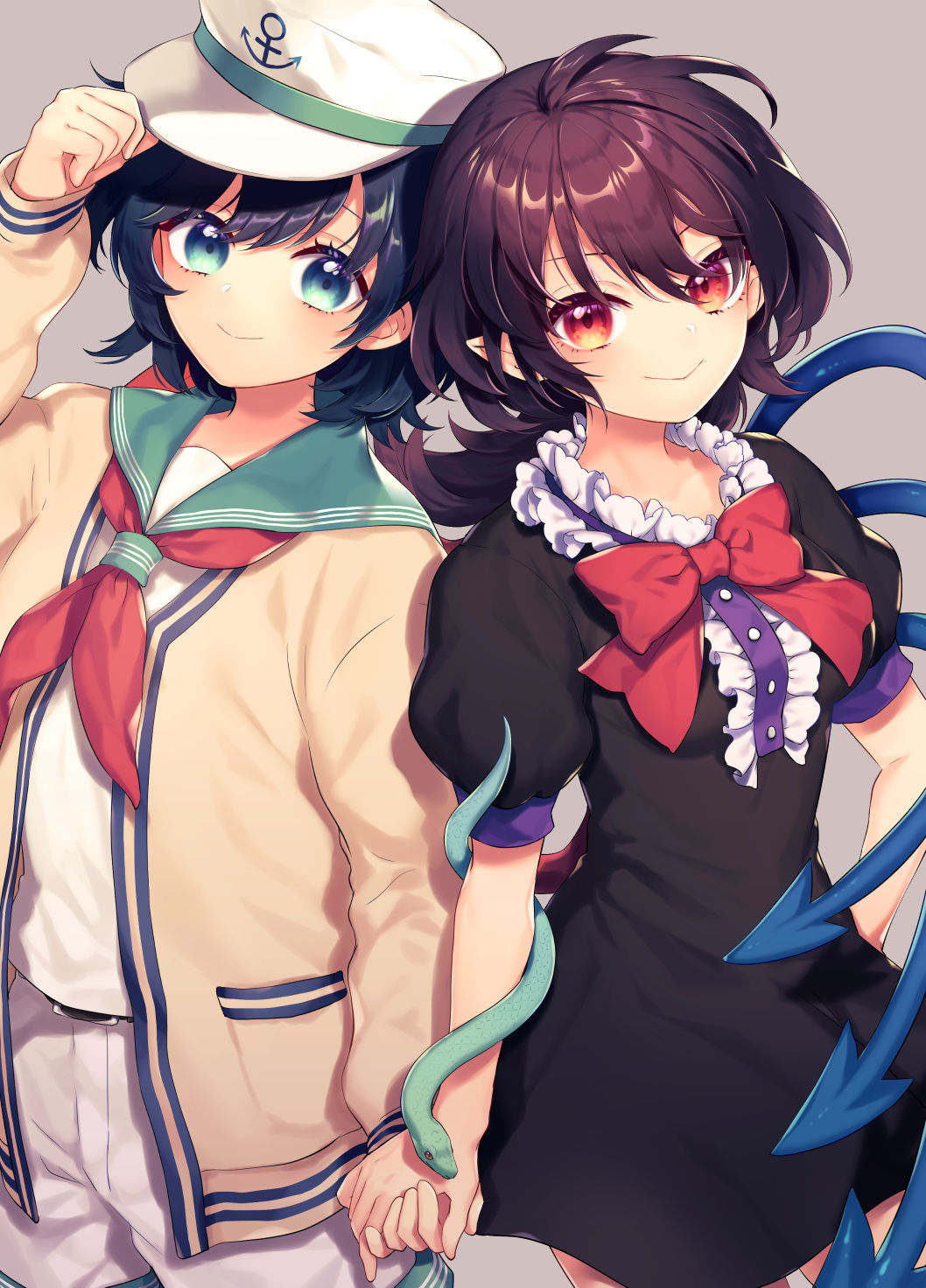 2girls :&gt; anchor asymmetrical_wings bangs beige_jacket belt belt_buckle black_belt black_dress black_hair blue_wings blush breasts brown_hair buckle buttons center_frills closed_mouth commentary_request commission dress eyelashes frills green_eyes grey_background hand_on_headwear hat hat_tip highres holding_hands houjuu_nue long_sleeves looking_at_viewer multiple_girls murasa_minamitsu pointy_ears puffy_short_sleeves puffy_sleeves red_eyes red_wings sailor_collar sailor_hat sailor_shirt shiny shiny_hair shirt short_shorts short_sleeves shorts simple_background skeb_commission small_breasts smile snake standing tomobe_kinuko touhou white_shorts wings