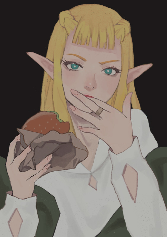 1girl bangs black_background blonde_hair blue_eyes blunt_bangs braid burger clothing_cutout dungeon_meshi elf eyelashes finger_sucking fingernails food food_wrapper hands_up holding holding_food jewelry long_hair long_sleeves looking_at_viewer pattadol pointy_ears red_lips ring shirt simple_background solo sunakienn twin_braids upper_body white_shirt
