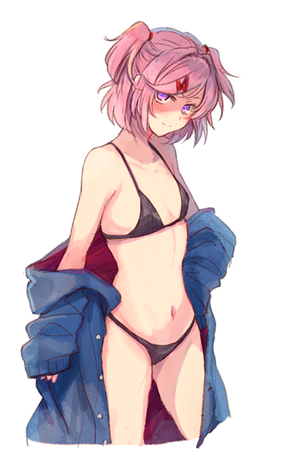 1girl alternate_costume bangs bikini black_bikini collarbone cowboy_shot doki_doki_literature_club flat_chest hair_tie head_tilt jacket jacket_partially_removed looking_at_viewer looking_up medium_hair natsuki_(doki_doki_literature_club) navel pink_hair shaded_face simple_background smile solo sora_(efr) swimsuit tareme two_side_up violet_eyes white_background