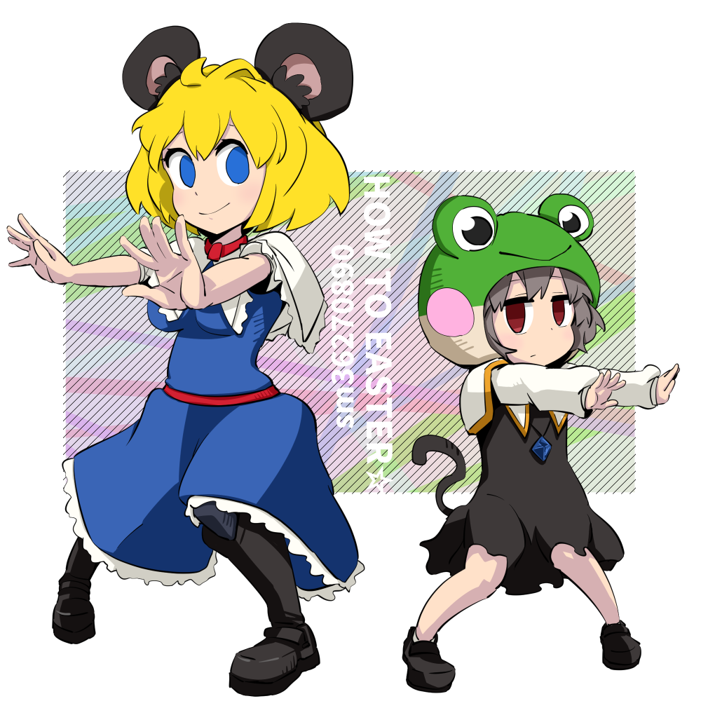 2girls alice_margatroid animal_ears animal_hood bangs black_footwear blue_dress blush boots breasts capelet closed_mouth commentary_request cookie_(touhou) crystal dress expressionless flat_chest frog_hood full_body gram_9 grey_dress grey_hair hood jewelry kofji_(cookie) long_sleeves looking_at_viewer medium_breasts mouse_ears mouse_girl mouse_tail multiple_girls nazrin outstretched_hand pendant shirt shoes short_hair smile socks tail touhou web_(cookie) white_capelet white_legwear white_shirt
