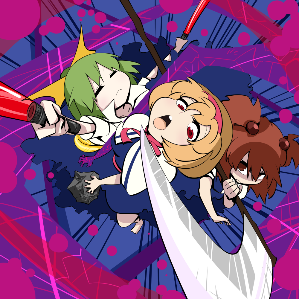 3girls alice_margatroid bangs blonde_hair blue_dress bois_de_justice bow breasts capelet closed_eyes closed_mouth commentary_request cookie_(touhou) daiyousei dies_irae diyusi_(cookie) dress gram_9 green_hair hair_between_eyes hair_bobbles hair_bow hair_ornament hinase_(cookie) holding holding_scythe looking_at_another medium_breasts multiple_girls onozuka_komachi open_mouth ponytail red_eyes redhead rock scythe shaded_face shinza_bansho_series shirt shishou_(cookie) short_hair touhou traffic_baton two_side_up upper_body v-shaped_eyebrows white_capelet white_shirt yellow_bow