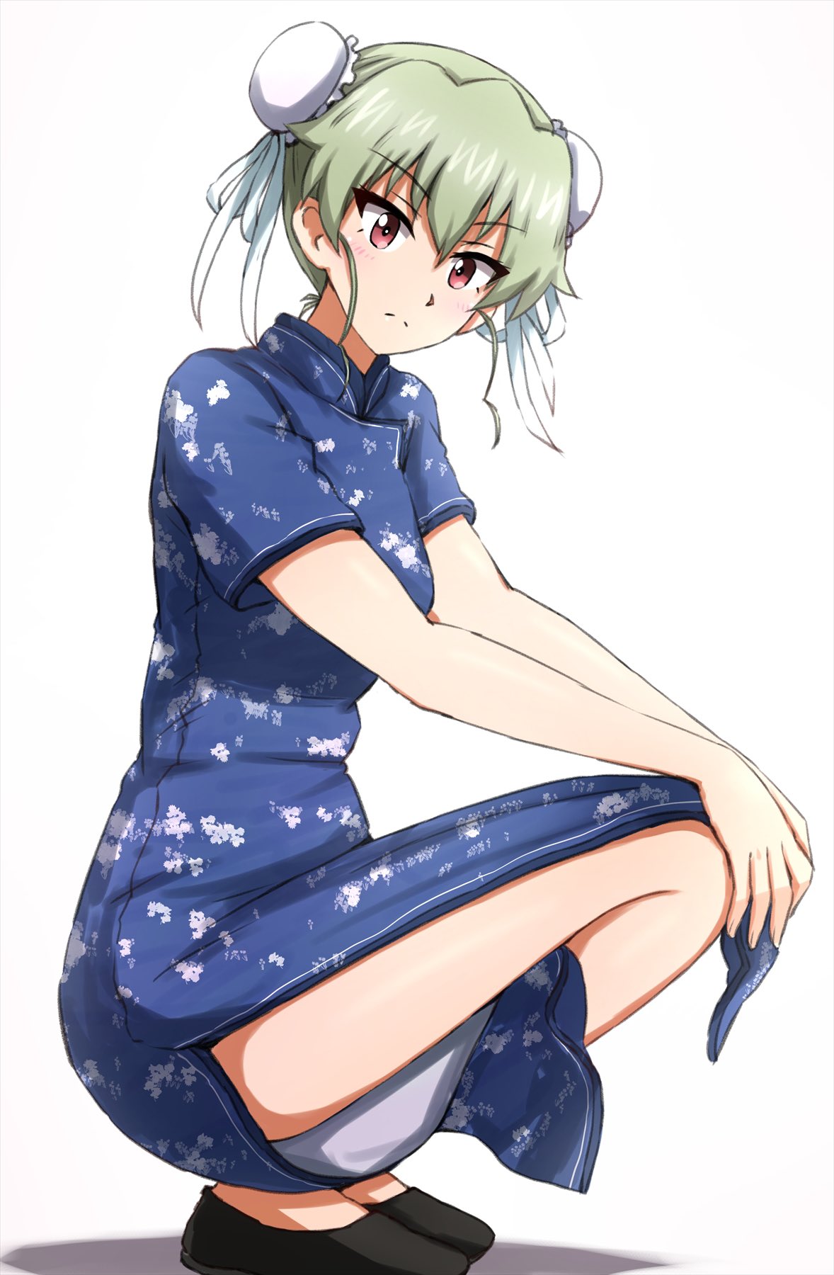 1girl anchovy_(girls_und_panzer) black_footwear blue_dress blush bun_cover china_dress chinese_clothes double_bun dress girls_und_panzer hands_on_own_knees highres light_green_hair looking_at_viewer omachi_(slabco) short_hair side_slit solo squatting thighs white_background