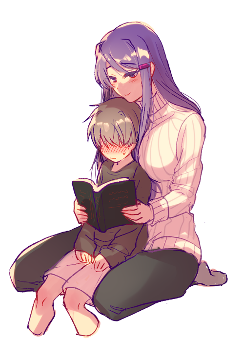 1boy 1girl bangs between_breasts black_pants book breasts brown_shirt child doki_doki_literature_club embarrassed feet_out_of_frame full_body grey_legwear hair_ornament hairclip half-closed_eyes height_difference holding holding_book large_breasts long_hair long_sleeves looking_down no_eyes pants person_between_breasts protagonist_(doki_doki_literature_club) purple_hair reading ribbed_sweater shiny shiny_hair shirt sidelocks simple_background sitting sitting_on_lap sitting_on_person smile socks sora_(efr) sweater tall_female tsurime turtleneck turtleneck_sweater very_long_hair violet_eyes white_background white_sweater younger yuri_(doki_doki_literature_club)
