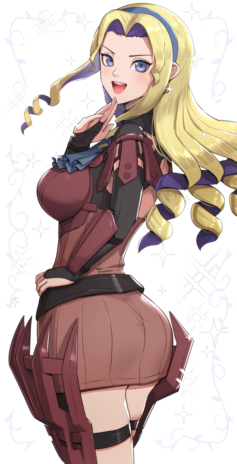 1girl :d ascot ass belt black_belt black_gloves blonde_hair blue_ascot blue_eyes blue_hairband blush breasts bridal_gauntlets colored_inner_hair commentary_request constance_von_nuvelle cowboy_shot dress drill_hair elbow_gloves fire_emblem fire_emblem:_three_houses forehead gloves gonzarez hairband hand_up highres large_breasts long_hair looking_at_viewer multicolored_hair open_mouth pencil_dress purple_hair red_dress sidelocks smile solo sparkle standing thigh_strap thighs v-shaped_eyebrows