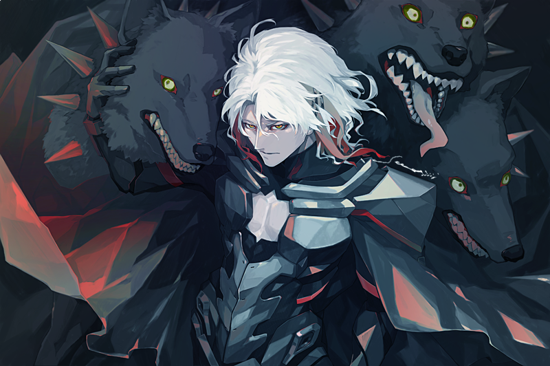 1boy :| armor bangs black_armor black_cape body_armor cape cerberus cleavage_cutout closed_mouth clothing_cutout commentary_request dog expressionless fate/grand_order fate_(series) long_hair looking_at_viewer male_focus multicolored_hair odysseus_(fate) pectorals redhead sei_8220 solo spikes streaked_hair two-tone_hair upper_body white_hair yellow_eyes