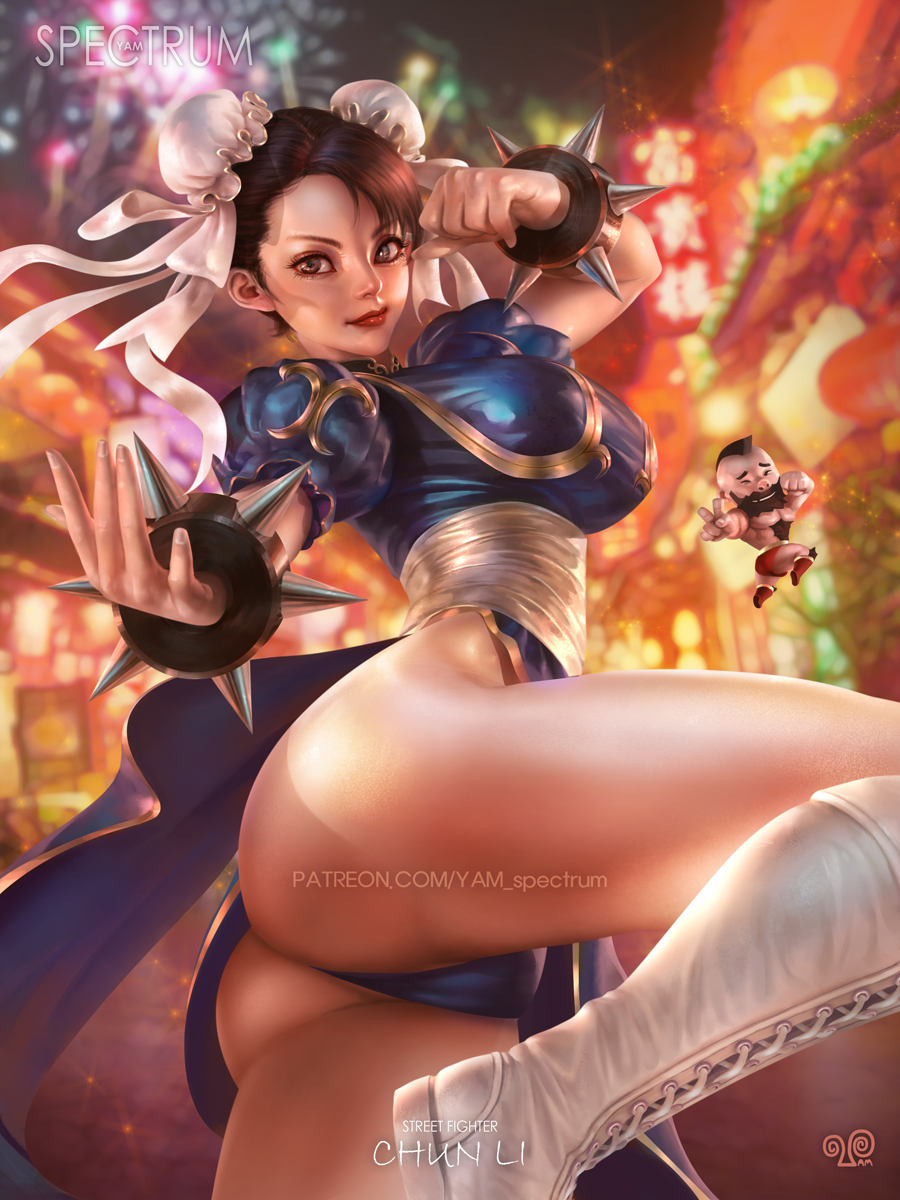 1girl artist_name ass bangs blurry blurry_background boots bracelet breasts brown_eyes brown_hair bun_cover character_name chibi china_dress chinese_clothes chun-li closed_mouth commentary copyright_name cross-laced_footwear double_bun dress fighting_stance gold_trim highres jewelry knee_boots lace-up_boots leg_up lips looking_at_viewer medium_breasts no_legwear panties puffy_short_sleeves puffy_sleeves short_sleeves signature simple_background spiked_bracelet spikes street_fighter street_fighter_ii_(series) thighs tied_hair underwear watermark white_footwear yam_spectrum zangief