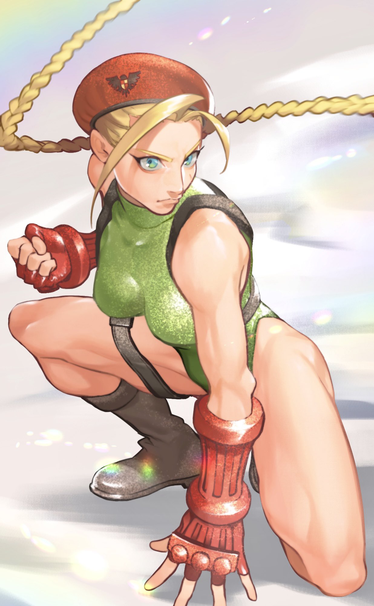 1girl ahoge antenna_hair beret blonde_hair blue_eyes boots braid breasts cammy_white chest_harness commentary fingerless_gloves garrison_cap gloves green_leotard harness hat highleg highleg_leotard highres holster leotard long_hair looking_to_the_side medium_breasts o_o_soy ribbed_leotard scar solo street_fighter street_fighter_v superhero_landing thigh_holster thighs twin_braids