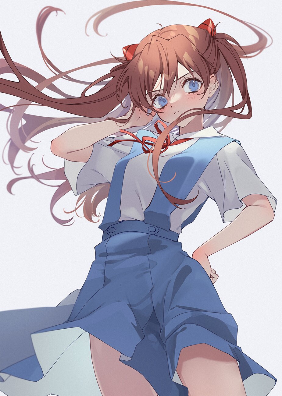1girl bangs blue_dress blue_eyes breasts closed_mouth dress grey_background hair_between_eyes hand_on_hip highres interface_headset long_hair mei_(maple_152) neck_ribbon neon_genesis_evangelion orange_hair pinafore_dress red_ribbon ribbon school_uniform shirt short_sleeves simple_background small_breasts solo souryuu_asuka_langley tokyo-3_middle_school_uniform_(evangelion) white_shirt