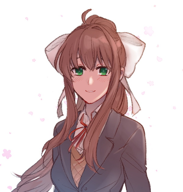 1girl bangs brown_hair commentary_request doki_doki_literature_club green_eyes grey_jacket hair_ribbon jacket long_hair looking_at_viewer monika_(doki_doki_literature_club) neck_ribbon parted_lips ponytail red_ribbon ribbon school_uniform sidelocks simple_background smile solo sora_(efr) upper_body white_background white_ribbon