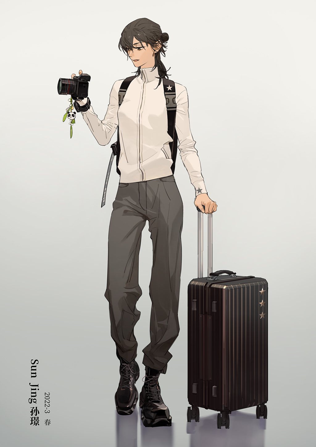 1girl alternate_costume backpack bag black_hair boots brown_eyes camera character_name chinese_text english_text highres holding holding_camera holding_suitcase luggage medium_hair pants rolling_suitcase solo suitcase sun_jing tamen_de_gushi tanjiu
