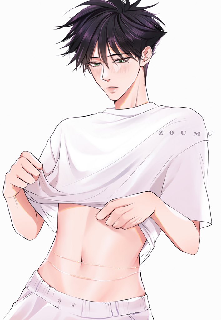 1boy artist_name belly_chain black_hair crop_top fushiguro_megumi green_eyes jewelry jujutsu_kaisen lifted_by_self male_focus midriff navel pants parted_lips short_hair simple_background solo spiky_hair thighs white_background white_pants z0umu