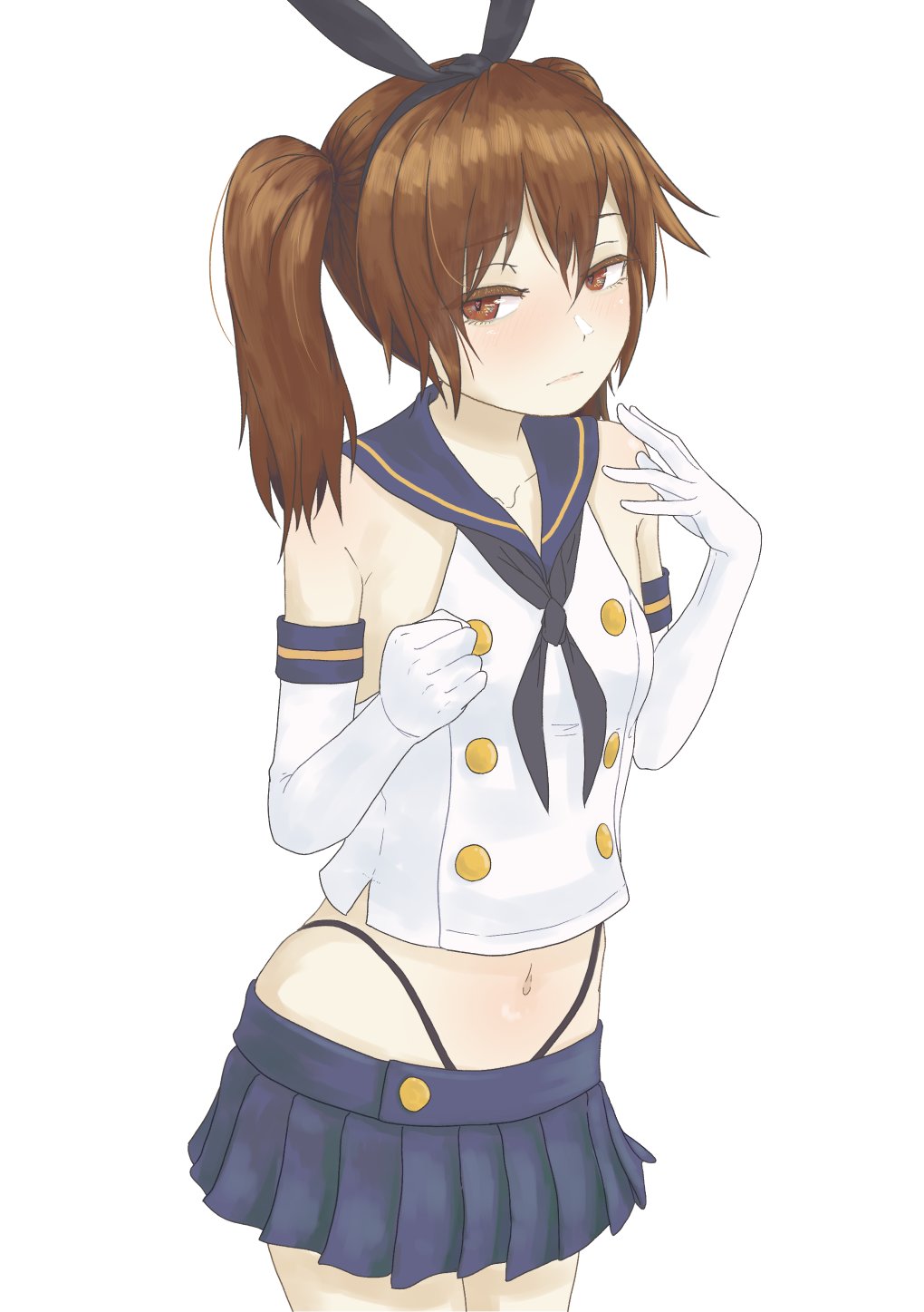 1girl bangs black_neckerchief black_panties blue_sailor_collar blue_skirt breasts brown_eyes brown_hair clenched_hand closed_mouth cosplay elbow_gloves gloves hair_between_eyes hairband highleg highleg_panties highres kantai_collection miniskirt neckerchief nito_(nshtntr) panties ryuujou_(kancolle) sailor_collar shimakaze_(kancolle) shimakaze_(kancolle)_(cosplay) simple_background skirt small_breasts solo twintails underwear white_background white_gloves