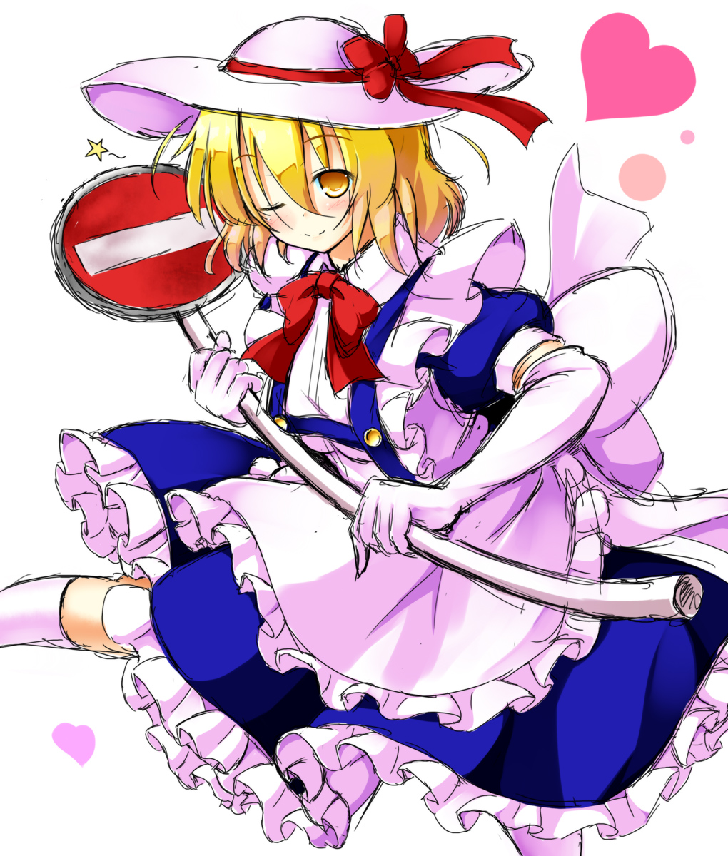 1girl aka_tawashi apron back_bow blonde_hair blue_dress bow bowtie breasts buttons closed_mouth commentary_request dress elbow_gloves eyebrows_visible_through_hair foot_out_of_frame frilled_apron frilled_dress frills gloves happy hat hat_bow heart highres holding holding_sign kana_anaberal kneehighs looking_at_viewer one_eye_closed puffy_short_sleeves puffy_sleeves red_bow red_bowtie road_sign short_hair short_sleeves sign simple_background small_breasts smile sun_hat touhou touhou_(pc-98) white_apron white_background white_gloves white_legwear yellow_eyes