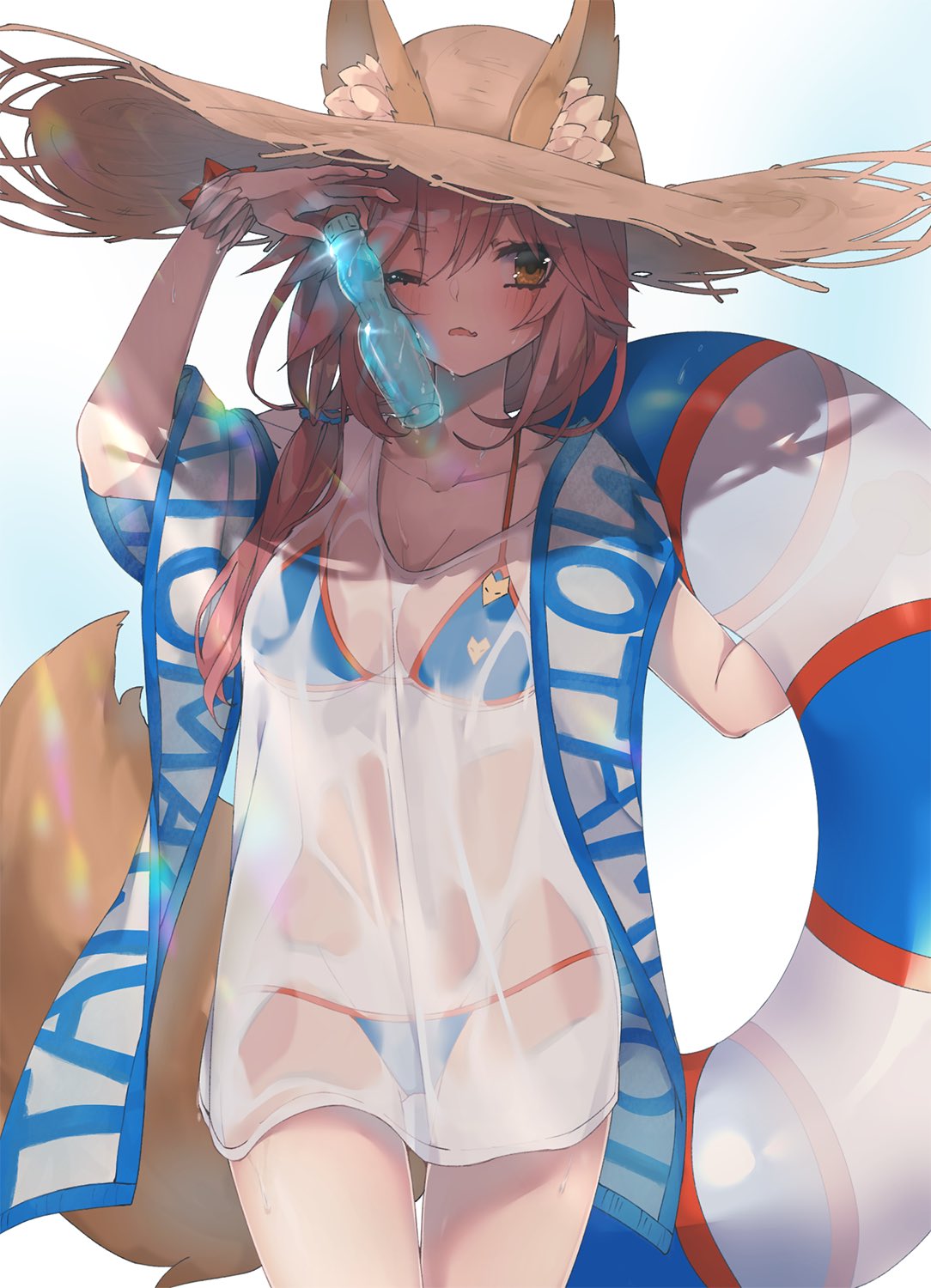 1girl animal_ears bikini blue_bikini bottle breasts brown_eyes clothes_writing commentary_request ears_through_headwear fate/grand_order fate_(series) fox_ears fox_girl fox_tail hat highres holding holding_bottle holding_innertube innertube long_hair mei_(maple_152) one_eye_closed parted_lips pink_hair ramune see-through shirt solo straw_hat swimsuit tail tamamo_(fate) tamamo_no_mae_(swimsuit_lancer)_(fate) wet wet_clothes white_shirt