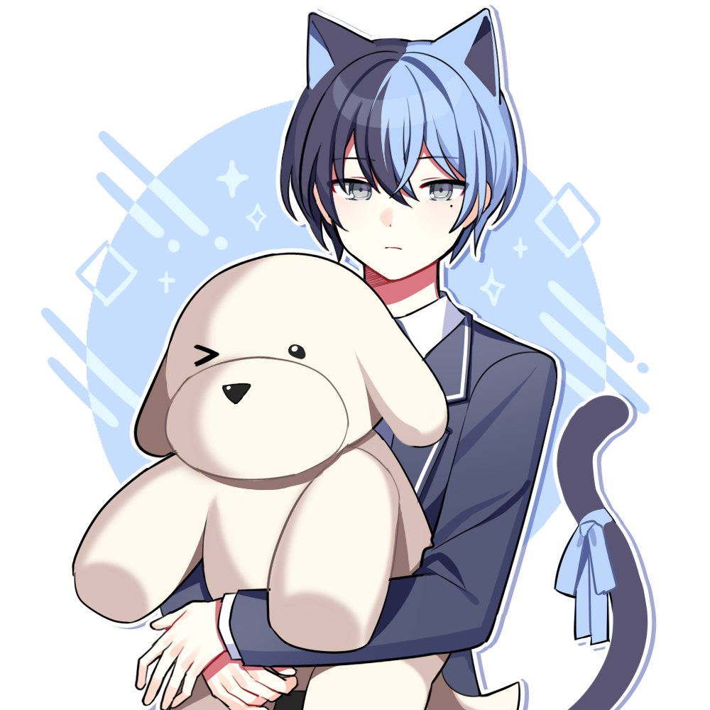 1boy animal_ears aoyagi_touya bangs blue_hair blue_jacket cat_boy cat_ears cat_tail commentary_request expressionless grey_eyes holding holding_stuffed_toy jacket long_sleeves looking_at_viewer male_focus mole mole_under_eye multicolored_hair project_sekai solo sparkle split-color_hair stuffed_animal stuffed_dog stuffed_toy tail two-tone_background upper_body waka_(wk4444)