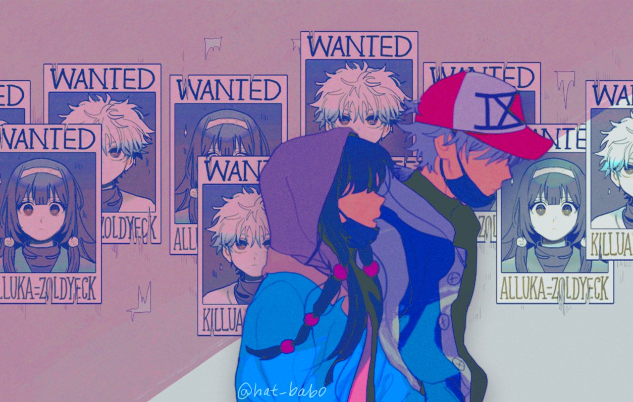 1boy 1girl alluka_zoldyck androgynous baseball_cap black_hair brother_and_sister commentary_request covering_eyes disguise faceless faceless_male hairband hat hat_babo hunter_x_hunter killua_zoldyck long_hair long_sleeves mask messy_hair mouth_mask open_mouth siblings sign wanted white_hair
