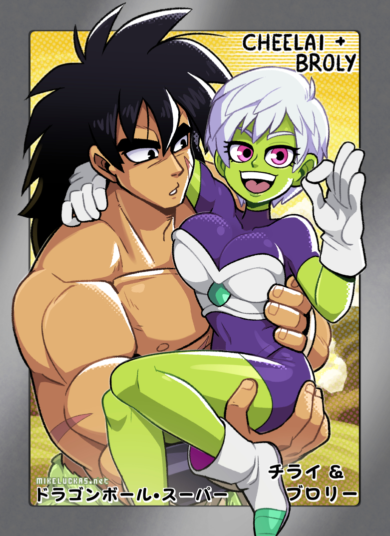 1boy 1girl :d armor black_eyes black_hair bodysuit breasts broly_(dragon_ball_super) carrying cheelai colored_skin dragon_ball dragon_ball_super dragon_ball_super_broly english_commentary gloves green_skin looking_at_viewer mike_luckas muscular muscular_male open_mouth pectorals princess_carry purple_bodysuit scar scouter short_hair smile spiky_hair topless_male translation_request violet_eyes white_gloves white_hair