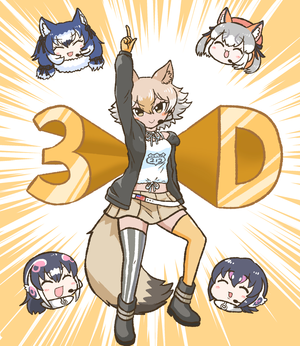 &gt;:) 5girls ^_^ african_penguin_(kemono_friends) animal_ears arm_at_side arm_up asymmetrical_legwear bangs black_hair blue_hair blush_stickers brown_eyes brown_hair cardigan closed_eyes closed_mouth coyote_(kemono_friends) coyote_ears coyote_girl coyote_tail dire_wolf_(kemono_friends) emphasis_lines extra_ears eyebrows_visible_through_hair fang fox_ears full_body fur_collar gloves grey_hair hair_between_eyes hat head_only headset highres humboldt_penguin_(kemono_friends) index_finger_raised island_fox_(kemono_friends) kemono_friends kemono_friends_v_project kotobuki_(tiny_life) long_sleeves looking_at_viewer medium_hair microskirt multicolored_hair multiple_girls open_cardigan open_clothes open_mouth outstretched_arm pink_hair pose shirt shoes skirt smile standing tan thigh-highs twintails v-shaped_eyebrows virtual_youtuber white_hair wolf_ears zettai_ryouiki