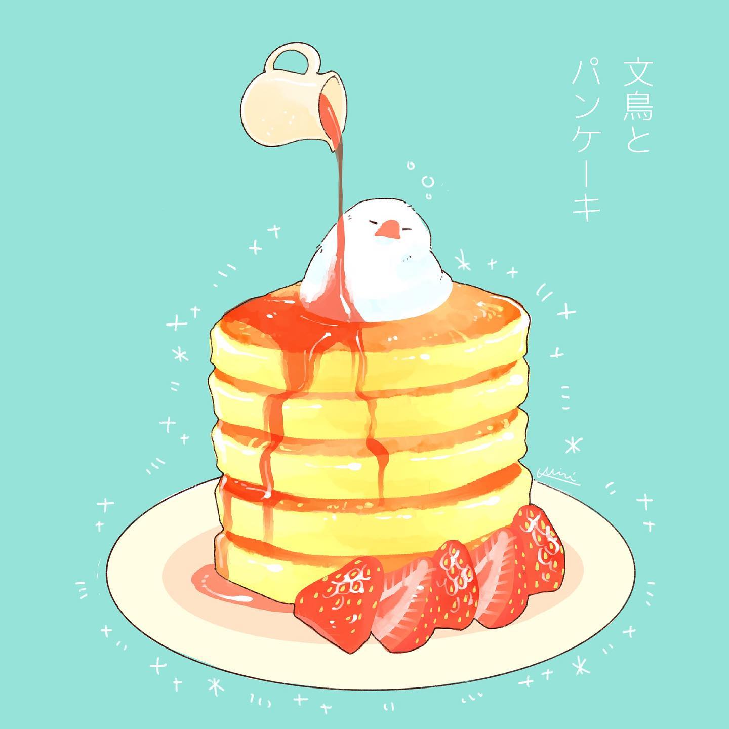 aqua_background bird caramel commentary_request food food_focus fruit highres java_sparrow miri_illust no_humans pancake plate simple_background strawberry translated