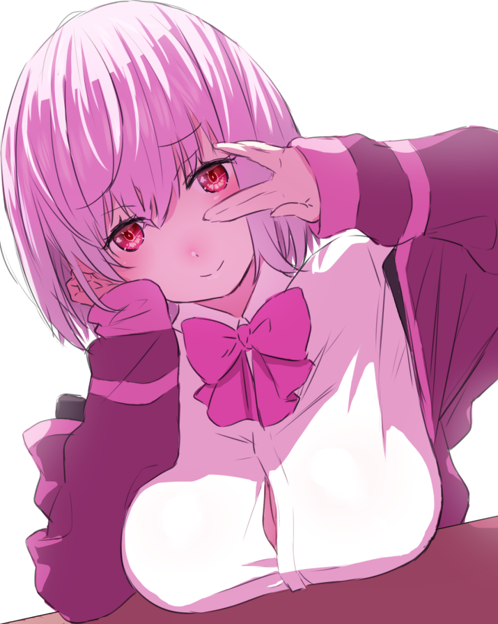 1girl bob_cut bow bowtie breast_rest breasts closed_mouth gridman_universe jacket large_breasts looking_at_viewer medium_hair onsoku_inu open_clothes open_jacket pink_bow pink_bowtie purple_hair purple_jacket red_eyes school_uniform shinjou_akane shirt simple_background smile solo ssss.gridman v_over_eye white_background white_shirt