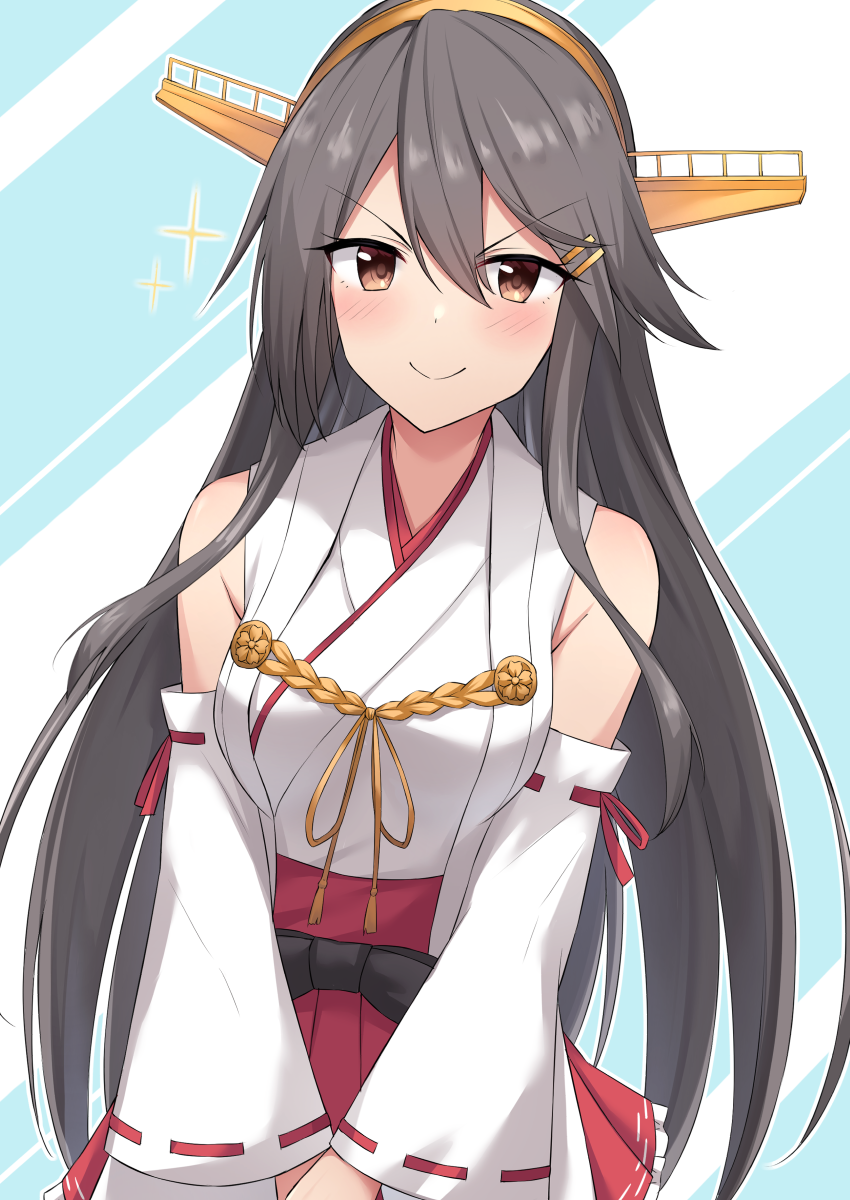 1girl akahi242 black_hair brown_eyes detached_sleeves hair_ornament hairband hairclip haruna_(kancolle) headgear highres kantai_collection long_hair looking_at_viewer red_skirt ribbon-trimmed_sleeves ribbon_trim skirt smile solo translation_request upper_body v_arms
