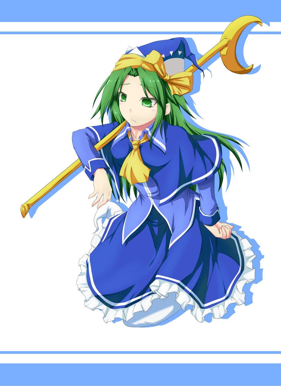 1girl ascot bangs blue_capelet blue_headwear blue_shirt blue_skirt bow capelet collared_shirt commentary_request crescent frilled_skirt frills full_body ghost_tail green_eyes green_hair hat hat_bow highres holding holding_staff killing long_hair long_sleeves mima_(touhou) parted_bangs shirt skirt staff sun_print touhou touhou_(pc-98) wizard_hat yellow_ascot yellow_bow
