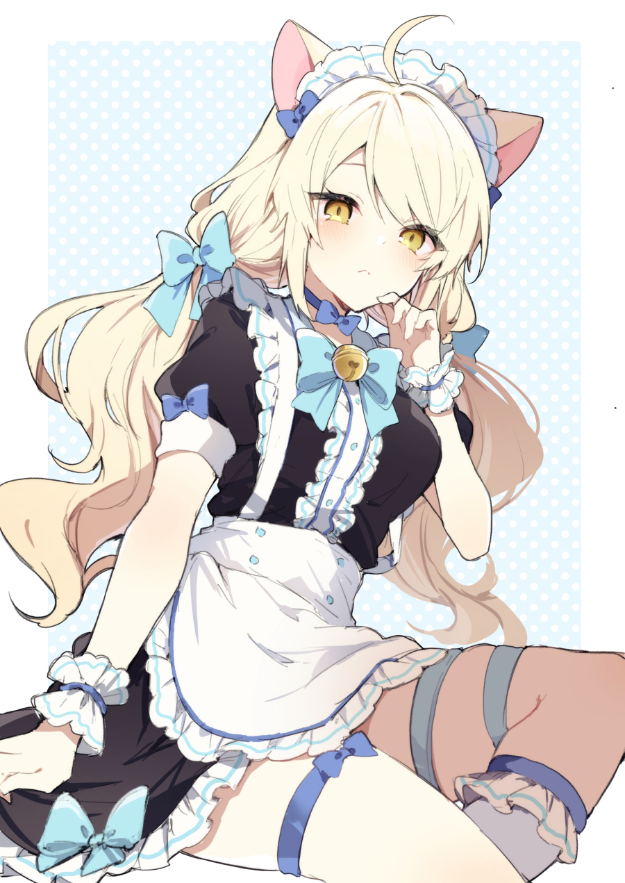 1girl ahoge animal_ears apron bell black_dress blonde_hair blue_bow blue_bowtie bow bowtie buttons cat_ears closed_mouth commission cream_(kkyuang) double-breasted dress hair_bow hand_up highres ikeuchi_tanuma jingle_bell long_hair looking_at_viewer low_twintails maid_headdress neck_bell original pale_skin puffy_short_sleeves puffy_sleeves short_sleeves skeb_commission solo thigh_strap twintails waist_apron white_apron wristband yellow_eyes