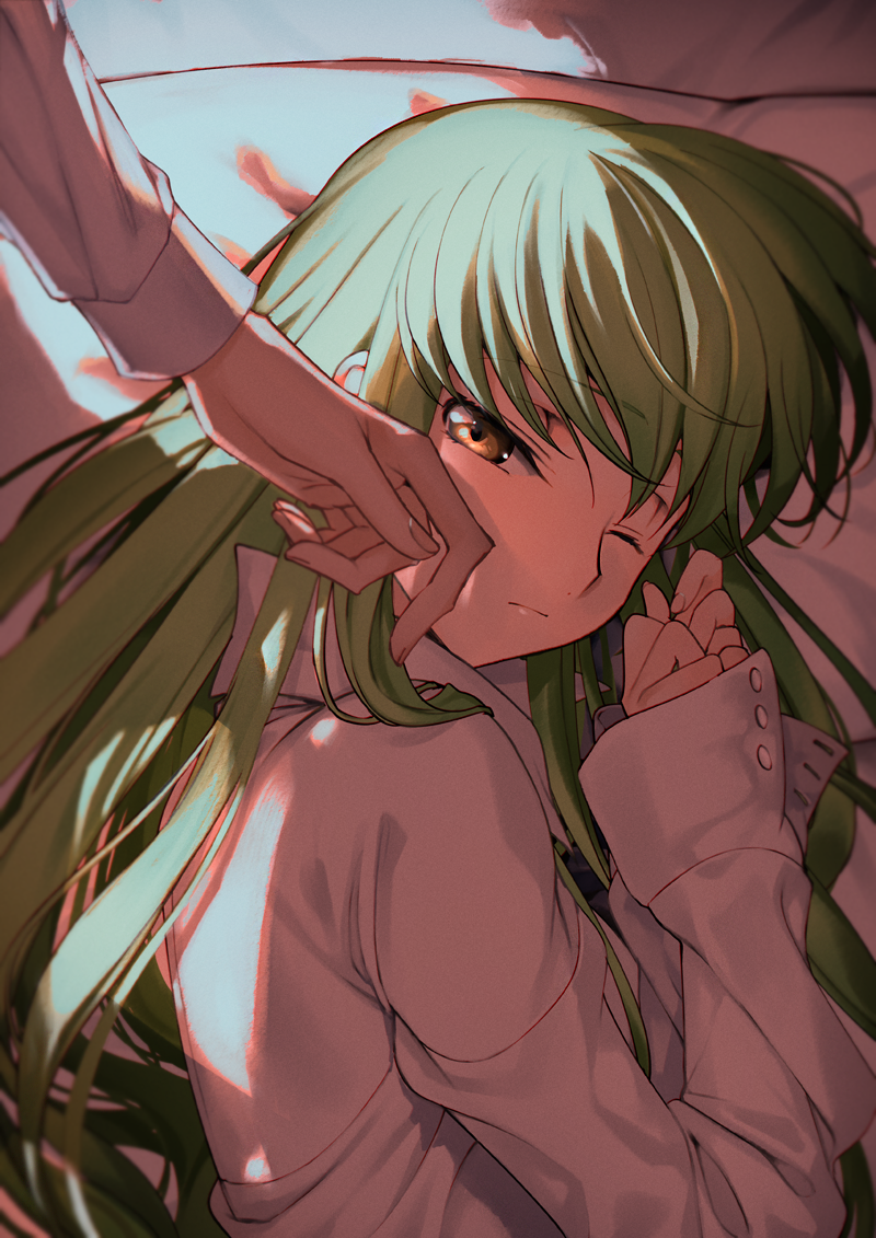 1girl bangs bed_sheet brown_eyes c.c. closed_mouth code_geass creayus eyebrows_visible_through_hair from_above green_hair hand_on_another's_cheek hand_on_another's_face long_hair long_sleeves looking_at_viewer lying on_bed on_side one_eye_closed out_of_frame pillow shirt sleeves_past_wrists solo_focus very_long_hair waking_up white_shirt