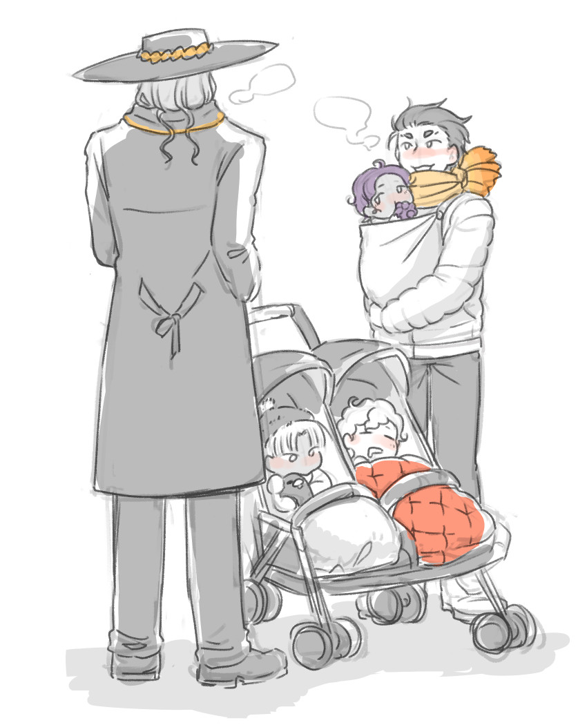 5boys baby babywearing blanket blush border00 charon_(hades) coat contemporary dionysus_(hades) drooling greyscale hades_(game) hair_slicked_back hat hermes_(hades) hypnos_(hades) male_focus monochrome multiple_boys orange_scarf pants purple_hair scarf sleeping spot_color stroller thanatos_(hades) younger