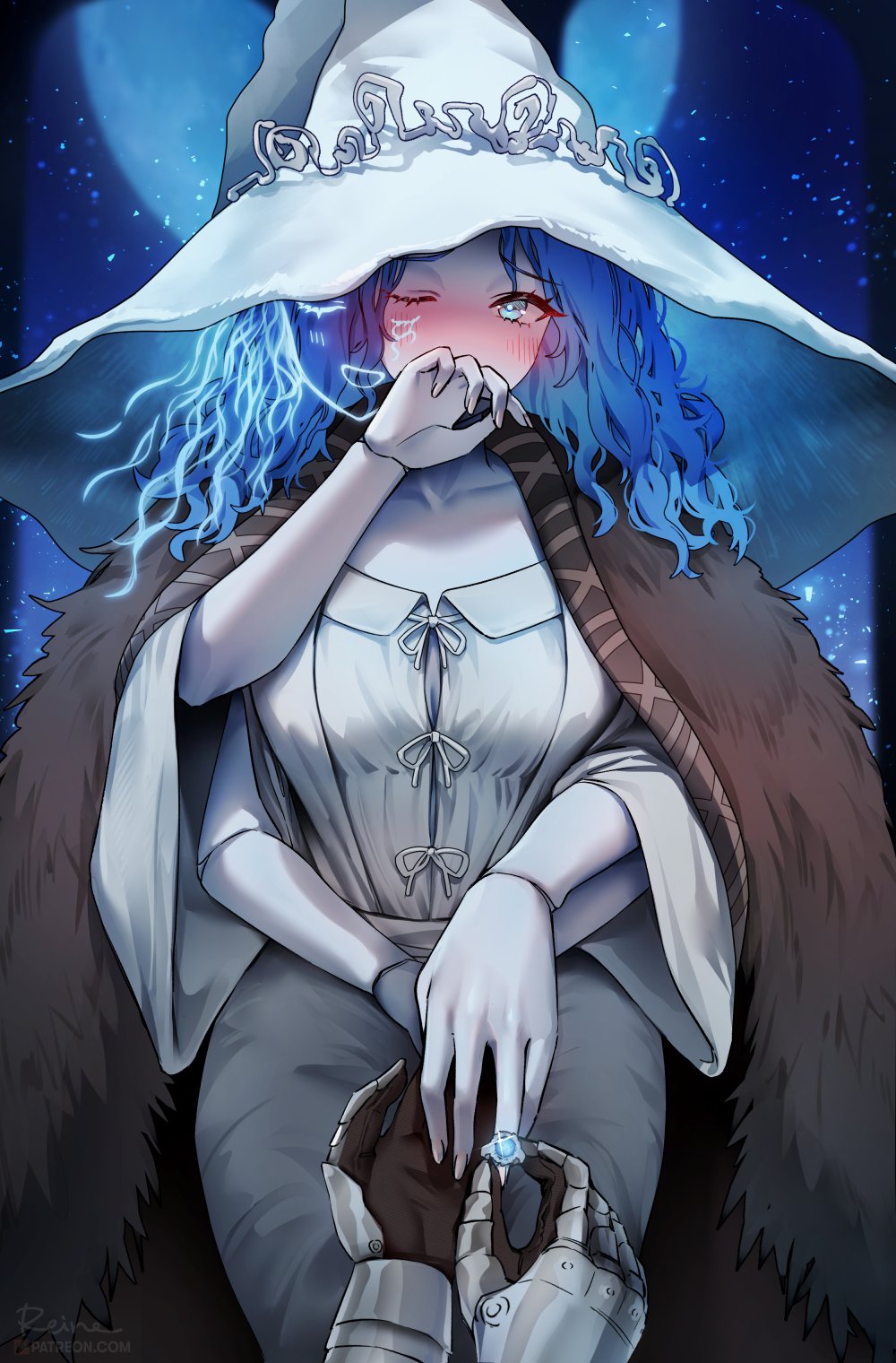 1girl bangs blue_skin blush breasts cape colored_skin elden_ring extra_arms foxyreine fur_cape hat highres long_hair looking_at_viewer ranni_the_witch solo witch_hat