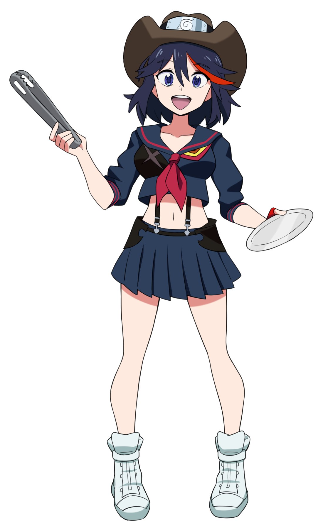 1girl :d bangs black_hair blue_eyes breasts cowboy_hat flowers-imh full_body gloves hair_between_eyes hat highres holding holding_plate kill_la_kill looking_at_viewer matoi_ryuuko medium_breasts microskirt midriff multicolored_hair navel plate pleated_skirt redhead school_uniform senketsu serafuku short_hair skirt smile solo standing streaked_hair suspenders two-tone_hair