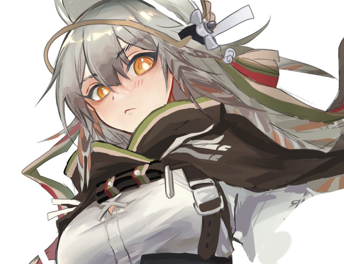 1girl :&lt; arknights bangs black_cape blush breasts bright_pupils cape closed_mouth eyebrows_visible_through_hair fartooth_(arknights) feather_hair from_below kaguura_(kagu) long_hair looking_at_viewer looking_down medium_breasts orange_eyes shirt silver_hair simple_background solo upper_body visor_(armor) white_background white_shirt